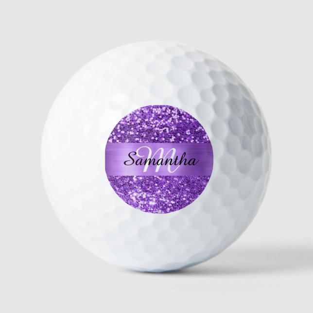 Purple Sparkly Glitter Shimmer Strip Foil Monogram Golf Balls (Front)