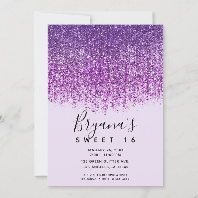 Purple Sparkly Glitter Sweet 16 Birthday Party  Invitation (Front)