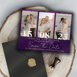 Purple Sparkly Photo Collage Save the Date Card