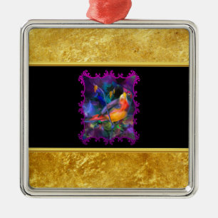 Purple sparrow with a gold foil and black texture metal tree decoration