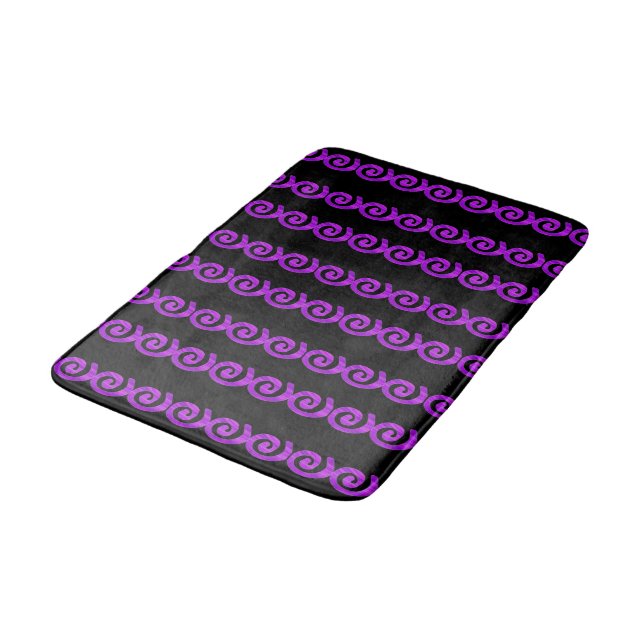 Purple spirals pattern on black bath mat (Angled)