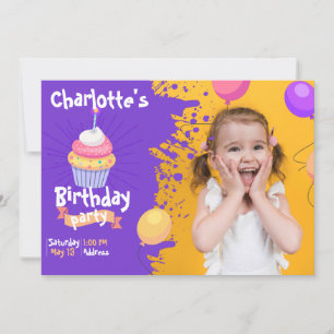 Purple Splash Cupcake Balloons Birthday Invitation