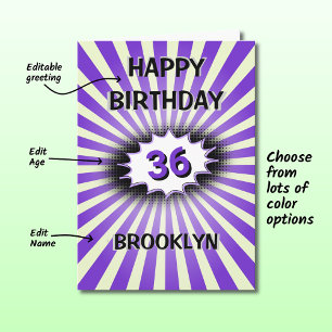 Purple splash custom name and age retro birthday card