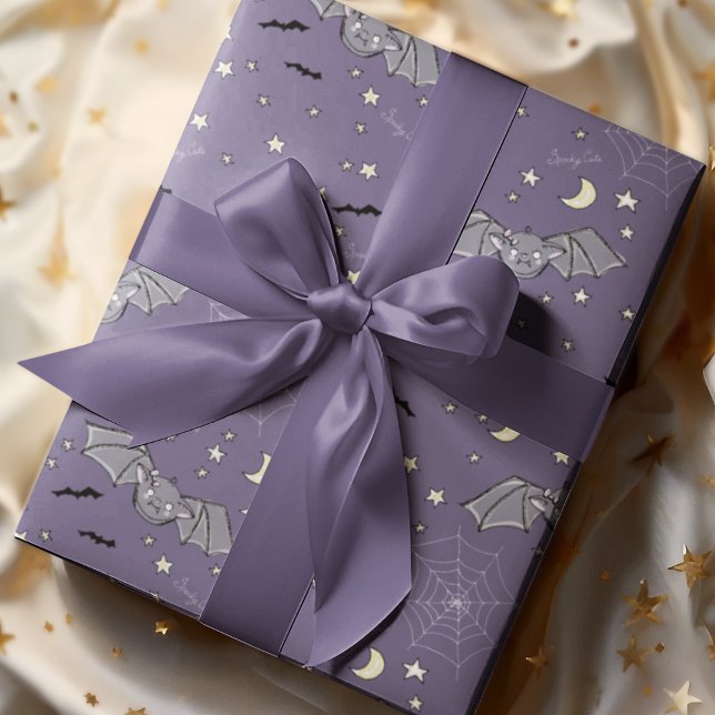 Purple Spooky Cute Baby Girl Bats Halloween Wrapping Paper (Adorable Kids Halloween Spooky Cute Bats, Moons, Stars, Spider Webs & Hand-written "Spooky Cute".)