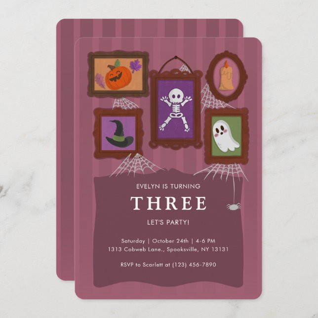 Purple Spooky Cute Gallery Halloween Birthday Invitation (Front/Back)