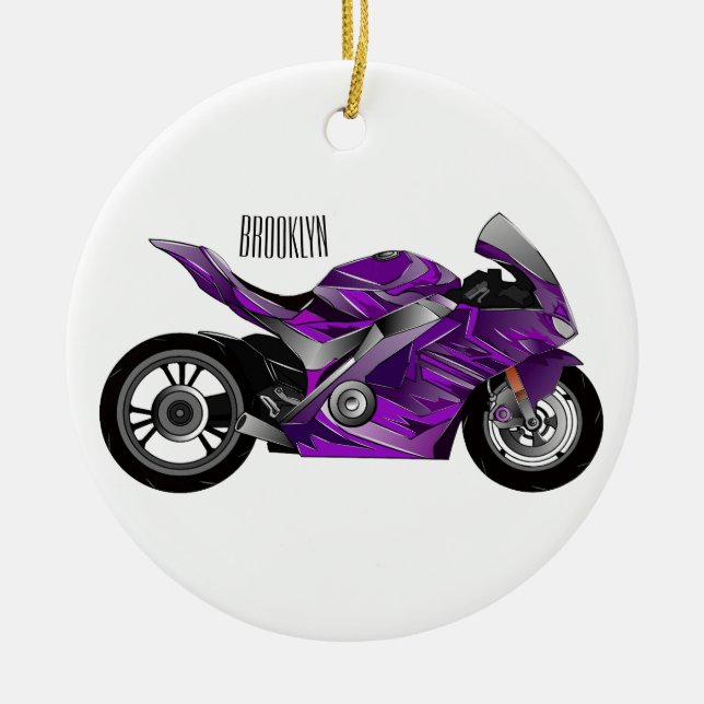 Purple sports motorcycle cartoon ceramic ornament (Front)