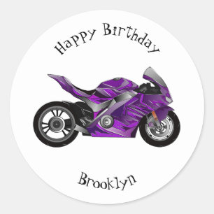 Purple sports motorcycle cartoon classic round sticker