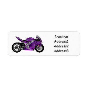 Purple sports motorcycle cartoon return address label