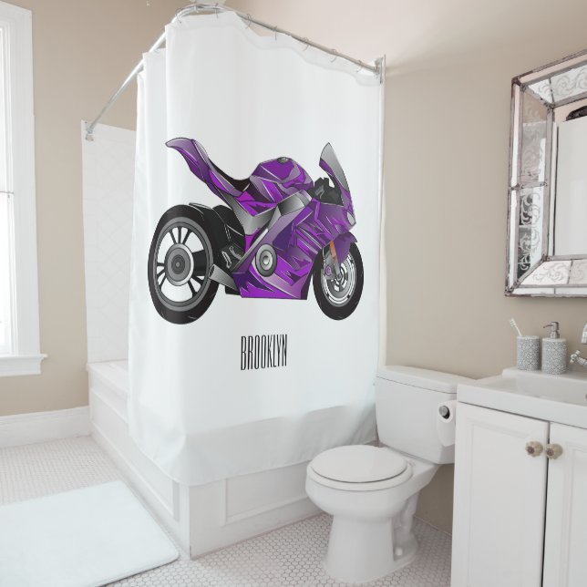 Purple sports motorcycle cartoon  shower curtain (In Situ)