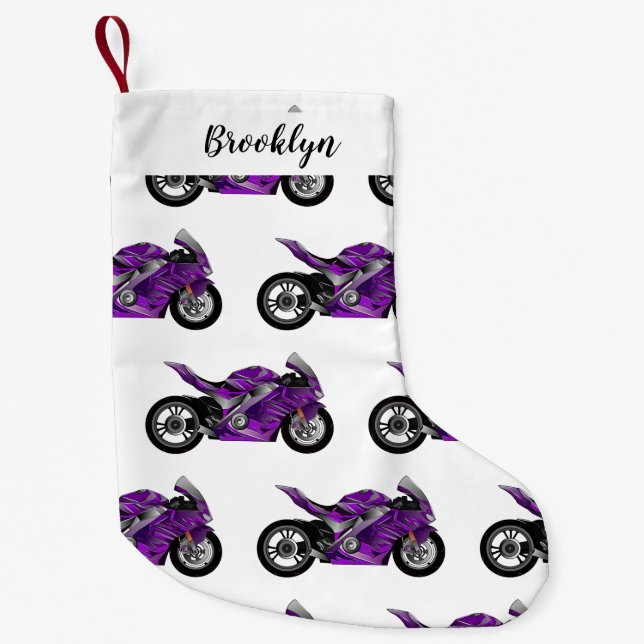 Purple sports motorcycle cartoon small christmas stocking (Front)