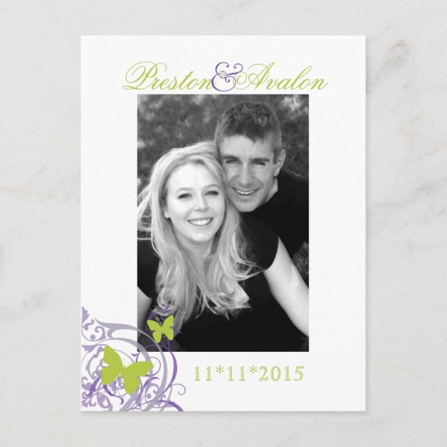 Purple Spring Butterfly Save The Date Postcard (Front)
