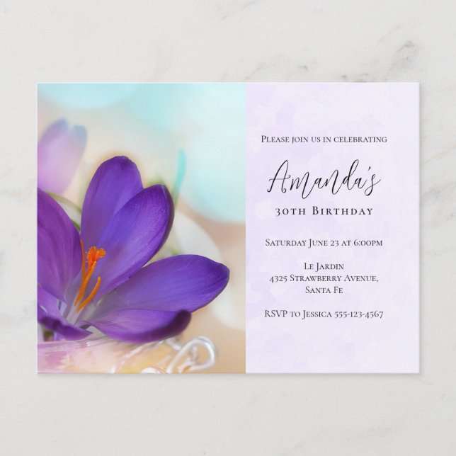 Purple Spring Crocus Pretty Birthday Invitation Postcard (Front)