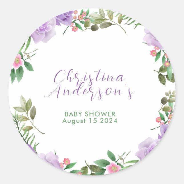 Purple Spring Floral Girl Baby Shower Classic Round Sticker (Front)