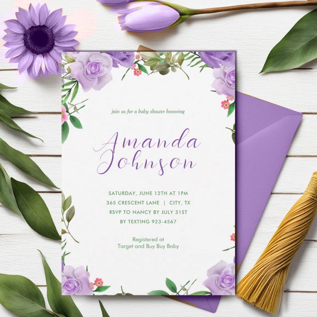 Purple Spring Floral Girl Baby Shower Invitation (Creator Uploaded)
