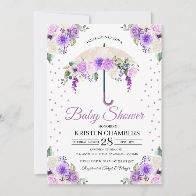 Purple Spring Floral Umbrella Baby Shower Invitation (Front)
