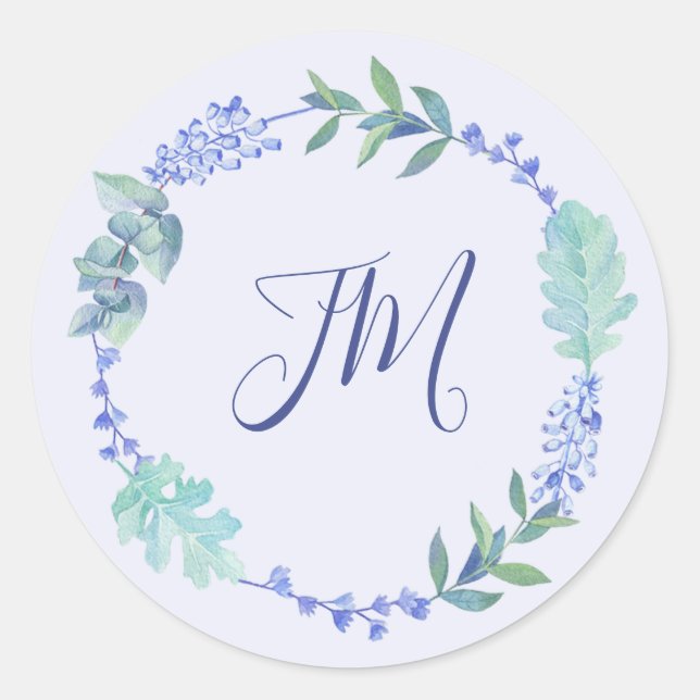 Purple Spring Floral Wreath Monogram Wedding Classic Round Sticker (Front)