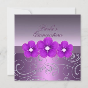 Purple Spring Flower & Swirl Quinceañera Invite