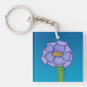 Purple Square Flower with Blue background Key Ring
