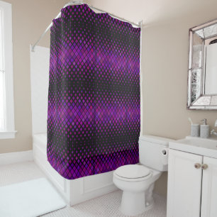 Purple squares on black shower curtain