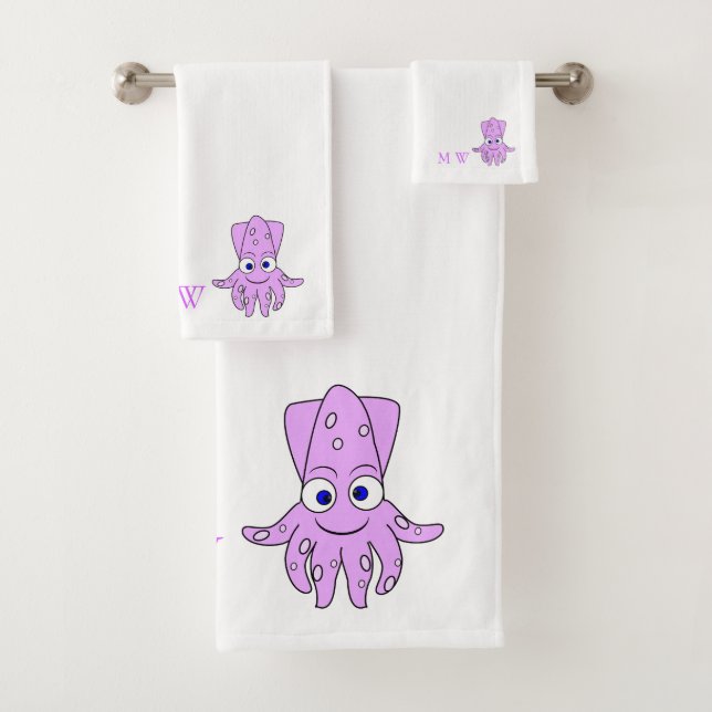 Purple Squid Design Monogrammed Bath Towel Set (Insitu)
