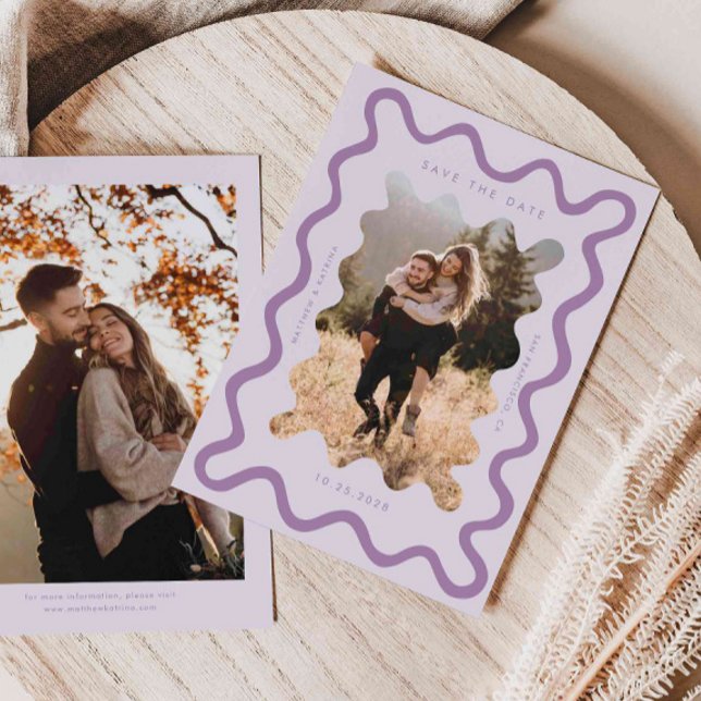 Purple Squiggly Wavy Frame Wedding Save The Date (Creator Uploaded)