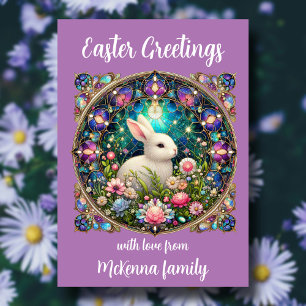 Purple Stained Glass Easter Bunny Christian  Holiday Card