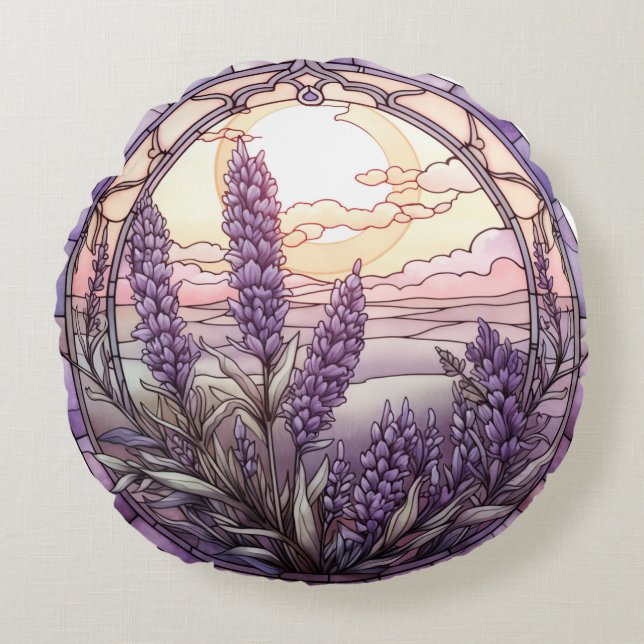 Purple Stained glass lavender landscape Design Round Cushion (Front)