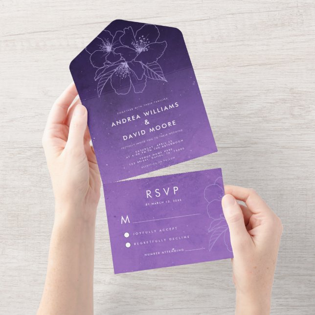 Purple Star Galaxy Universe & Drawn Floral Wedding All In One Invitation (Tearaway)
