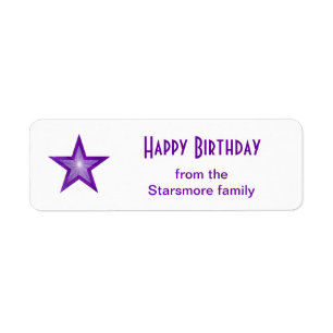 Purple Star Happy Birthday text label small white Return Address Label