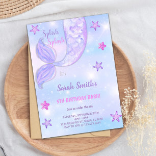 Purple Star Mermaid Birthday Invitations