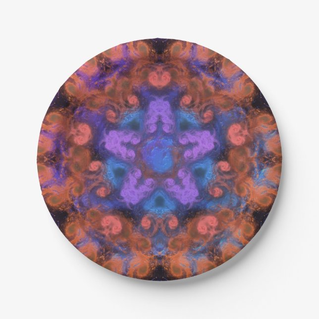 Purple Star Orange Swirl Trip Abstract Glow Party Paper Plate (Front)