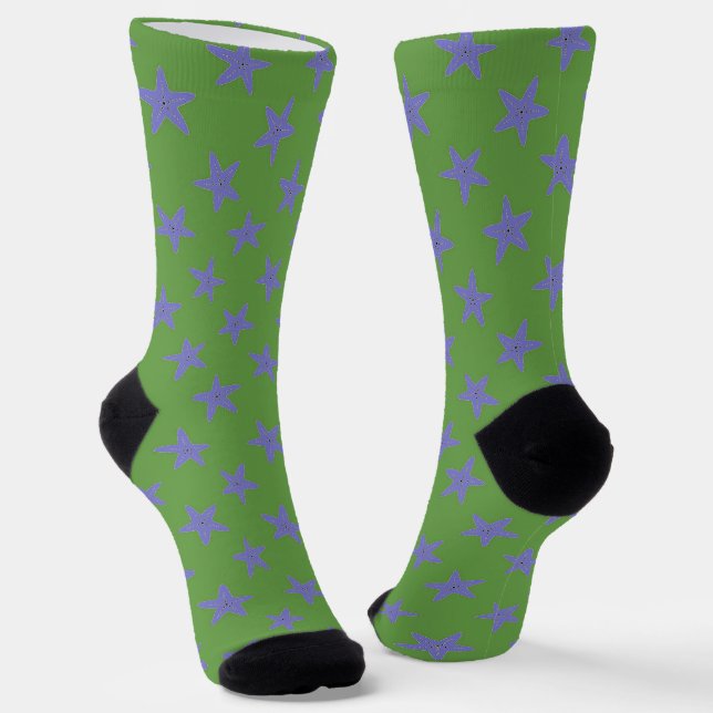 Purple starfish on green pattern socks (Angled)