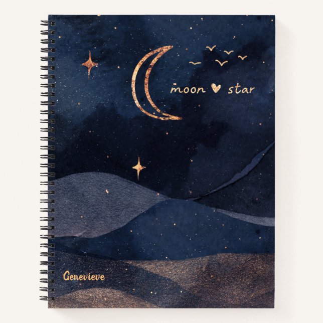 Purple starry night galaxy moon personalised notebook (Front)