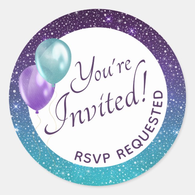 Purple Starry Night Theme Party You're Invited Classic Round Sticker (Front)