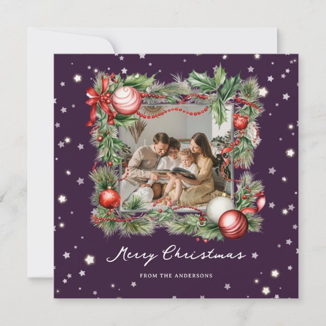 Purple Starry Wreath Photo Merry Christmas Card (Front)