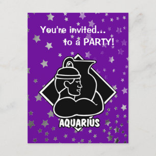 Purple Stars   Aquarius Birthday Zodiac Sign Invitation