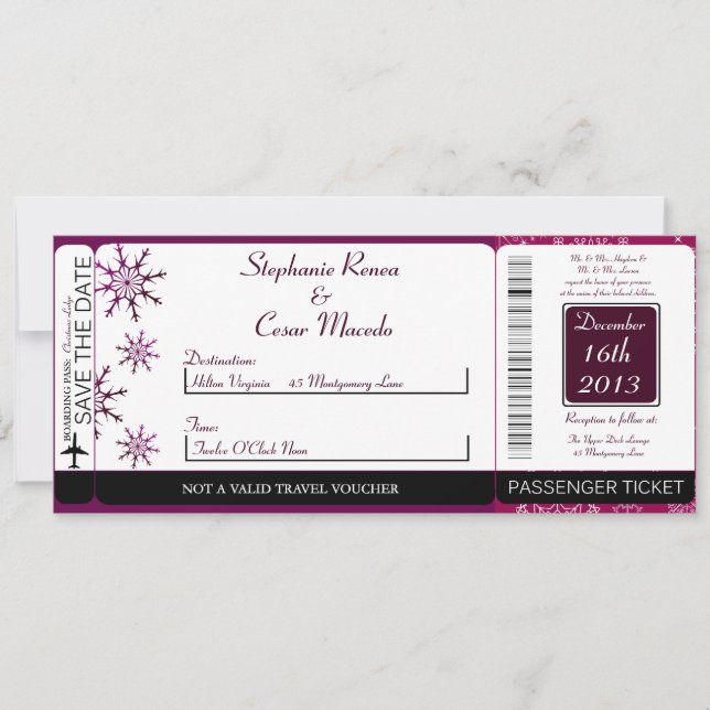 Purple Stars Boarding Pass Wedding Invitation (Front)