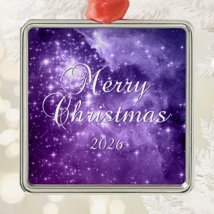 Purple Stars Celestial Space Photo Merry Christmas Metal Ornament