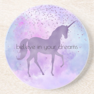 Purple Stars Confetti Watercolor Unicorn Coaster