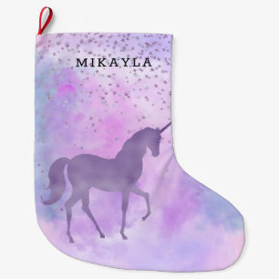 Purple Stars Confetti Watercolor Unicorn Large Christmas Stocking