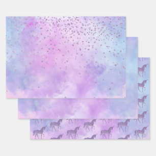 Purple Stars Confetti Watercolor Unicorn Wrapping Paper Sheet