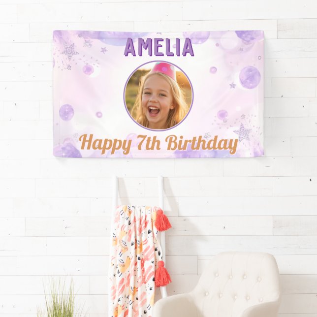 Purple Stars Girly Happy Birthday Photo Party  Banner (Insitu)