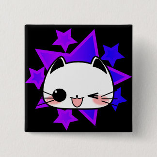 Purple stars. White cat. 15 Cm Square Badge