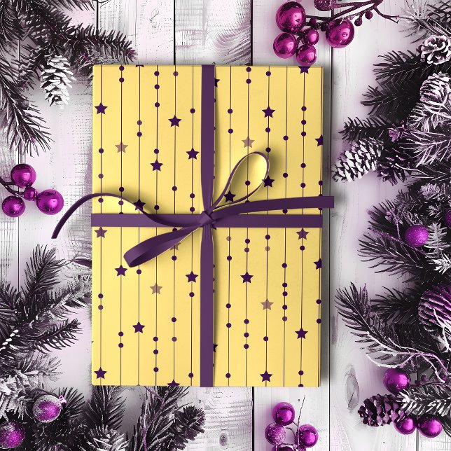 Purple Stars Yellow Pop Art Holiday Wrapping Paper (Creator Uploaded)