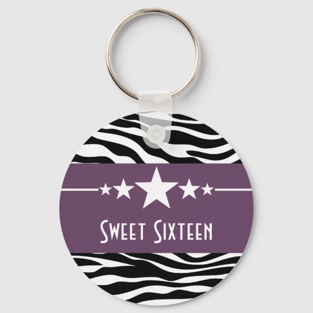 Purple Stars Zebra Print Sweet 16 Keychain (Front)