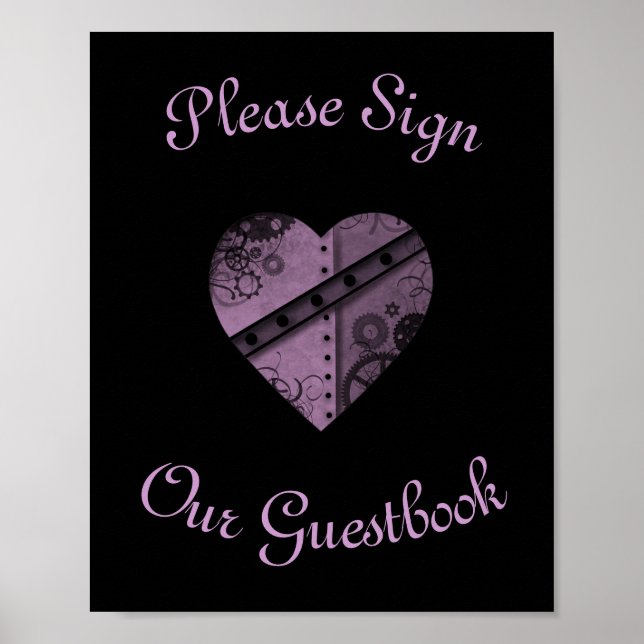 Purple steampunk heart wedding guestbook sign (Front)