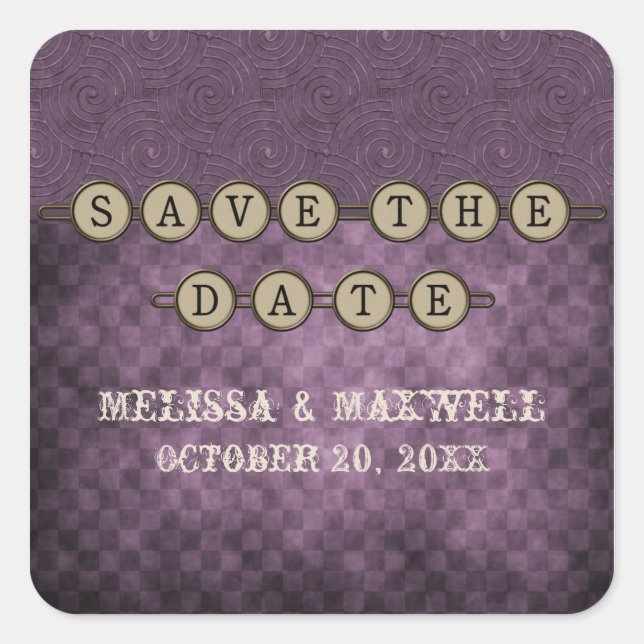 Purple Steampunk Keys Save the Date Stickers (Front)