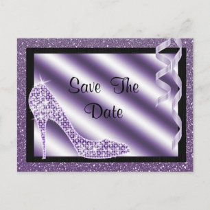 Purple Stiletto & Streamers 65th Save The Date Announcement Postcard