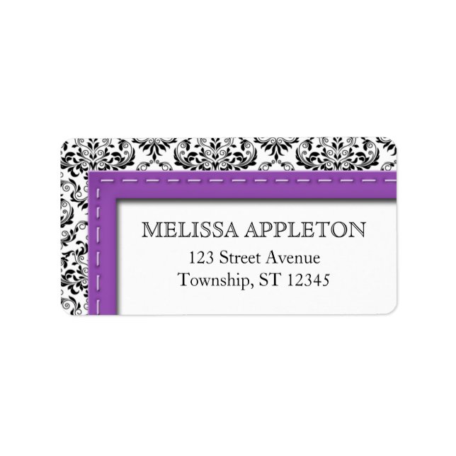 Purple Stitched Damask Personalised Address Labels (Front)