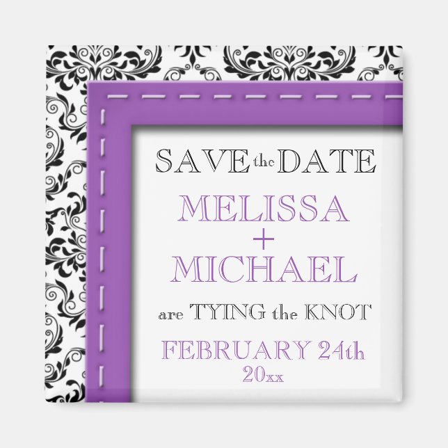 Purple Stitched Damask Save the Date Magnet (Front)